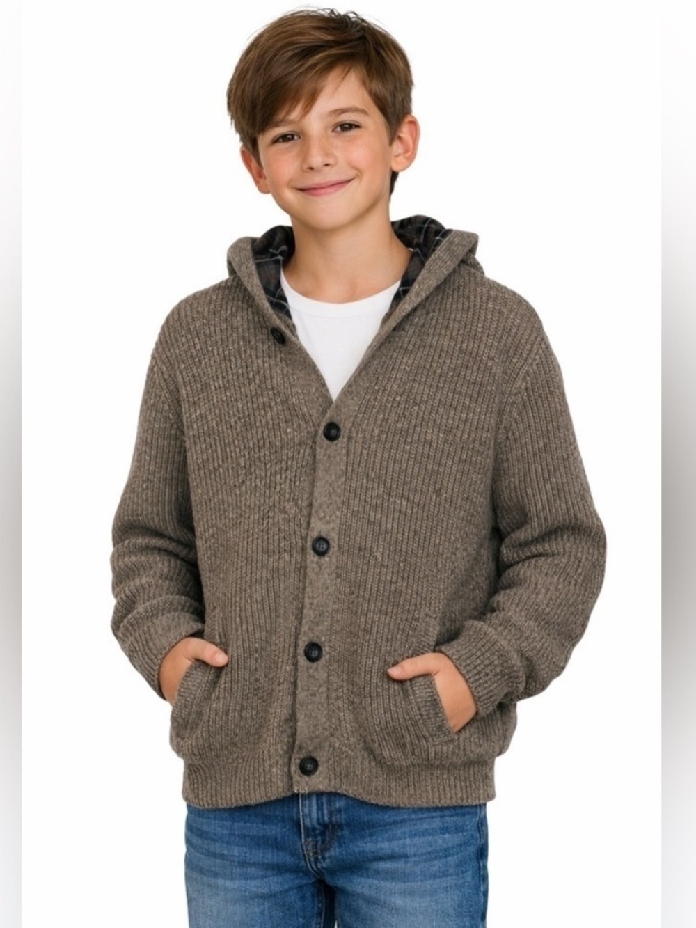 ZARA- Boys brown button up hooded sweater with plaid lined hood - Size 11/12